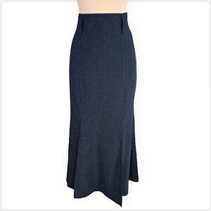 Mondi Vintage Long Navy Windowpane Check Pattern Midi Slit Wool Blend Skirt 38